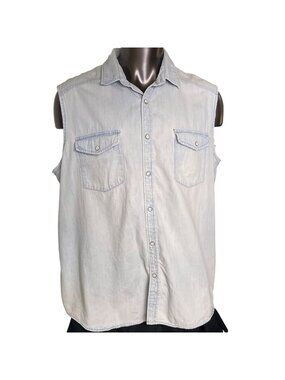 Goodfellow Co Mens Button Down Pearl Snap Cut Off Biker Distress Jean Tall 2XB u